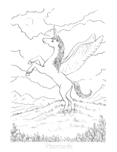 Winged Unicorn On Grassy Hill With Clouds Above Unicorn Coloring Pages Pdf, Free Vectors File